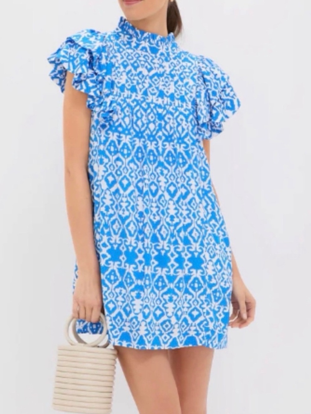 Hyacinth House Blue Patterned Ruffle-Sleeve Shift Dress